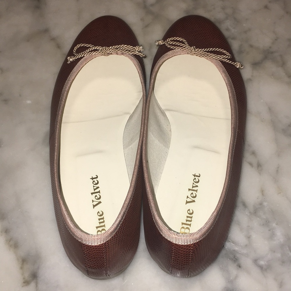 Blue Velvet Brown Lizard Embossed Leather Flats - Picture 3 of 8